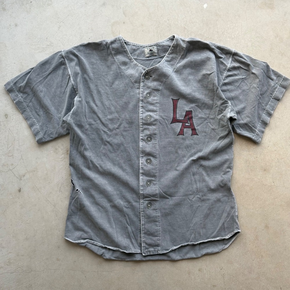 Vintage Galt Sand Los Angeles Baseball Jersey Gray Distressed Mens Large